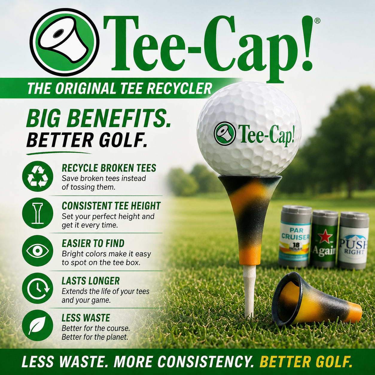 Tee-Caps set the height consistently every time. You can also make those broken tees reusable again.